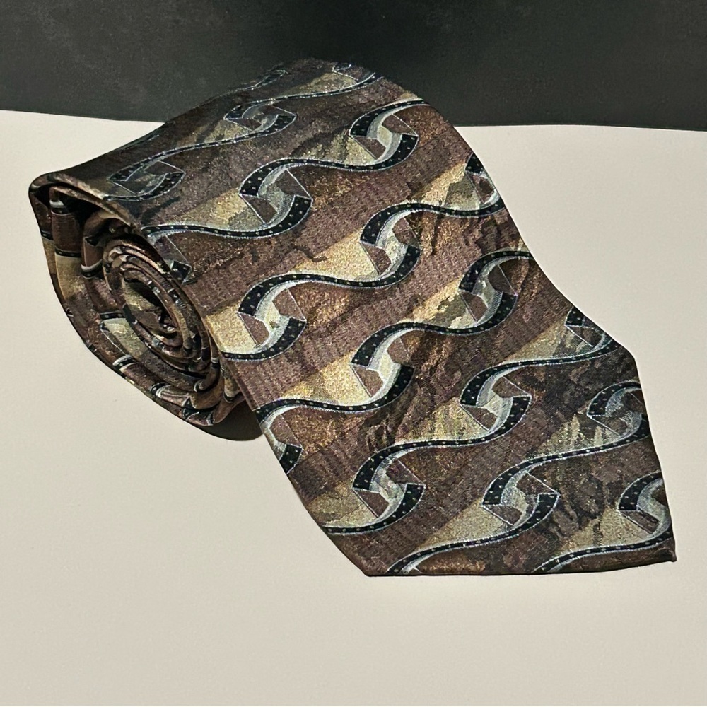 JF J.Ferrar Silk Brown and Gold Geometric 59” Men's Tie